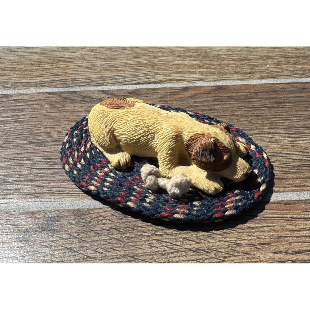 Miniature Sleeping Jack Russell Terrier Dog Figurine on Braided Rug 4 Inch